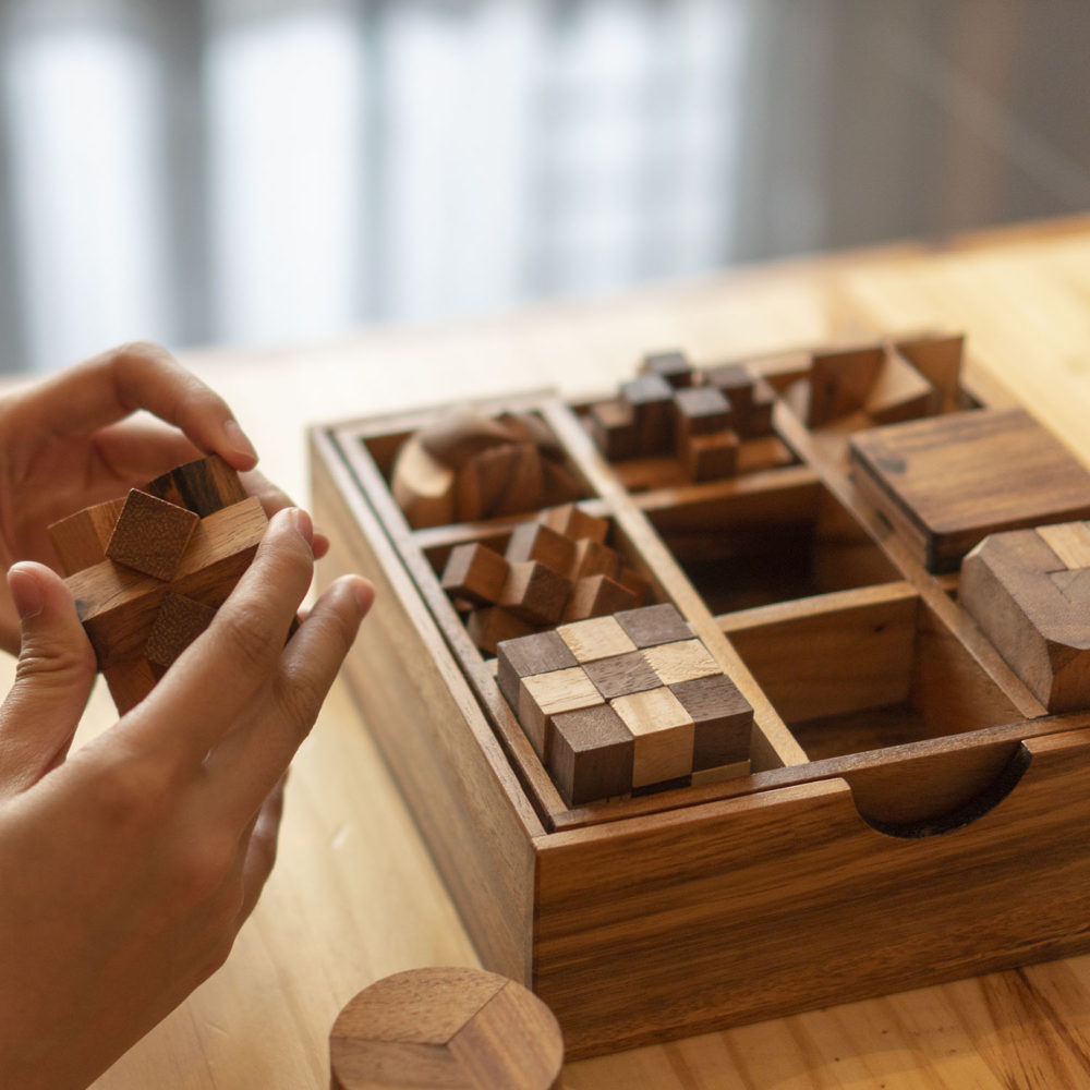 9 Game in Box with Wooden Cover Challenging Brain Teaser (Free Shipping by DHL Express)