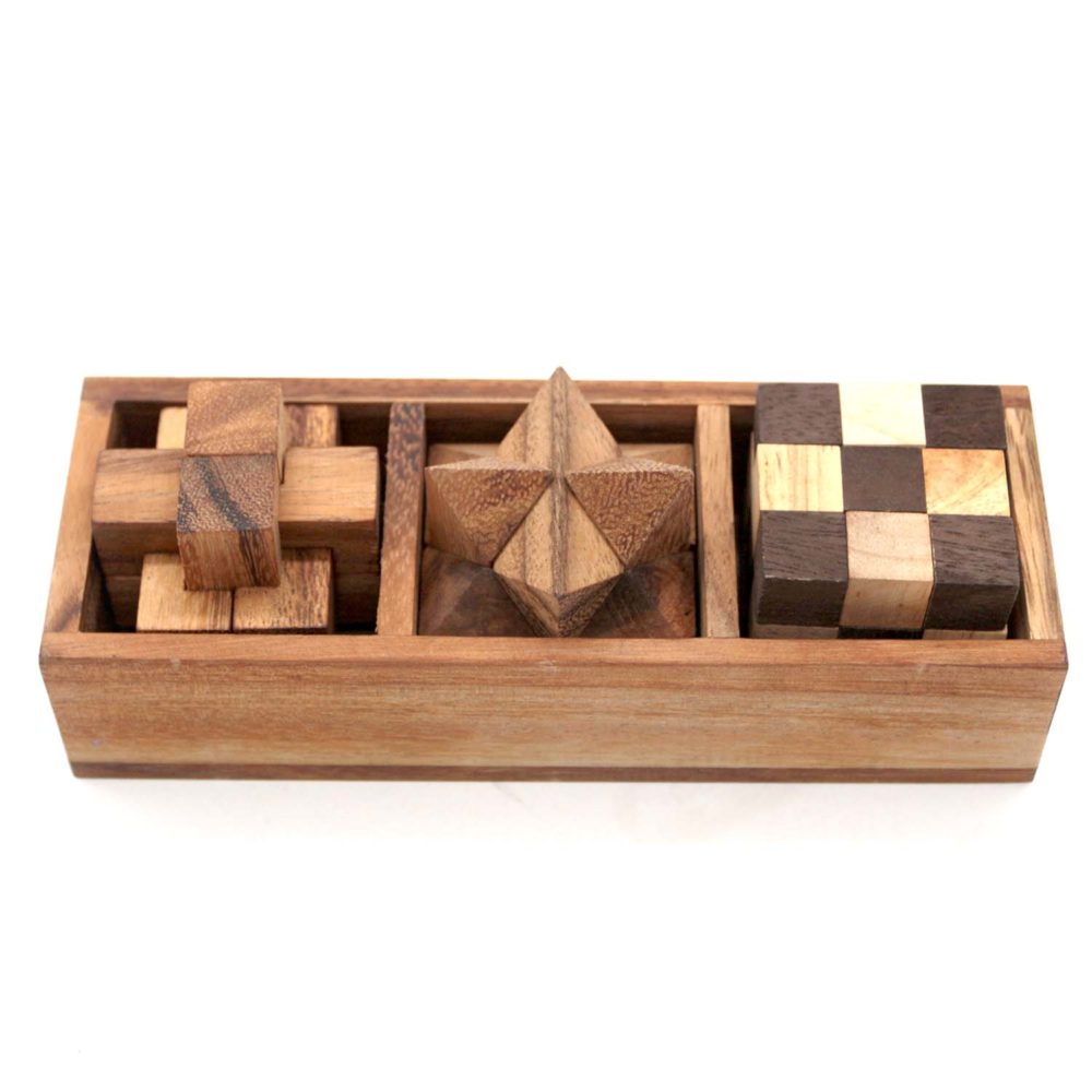 3 Game in Box with Wooden Cover for Brain Teasers Educational Games