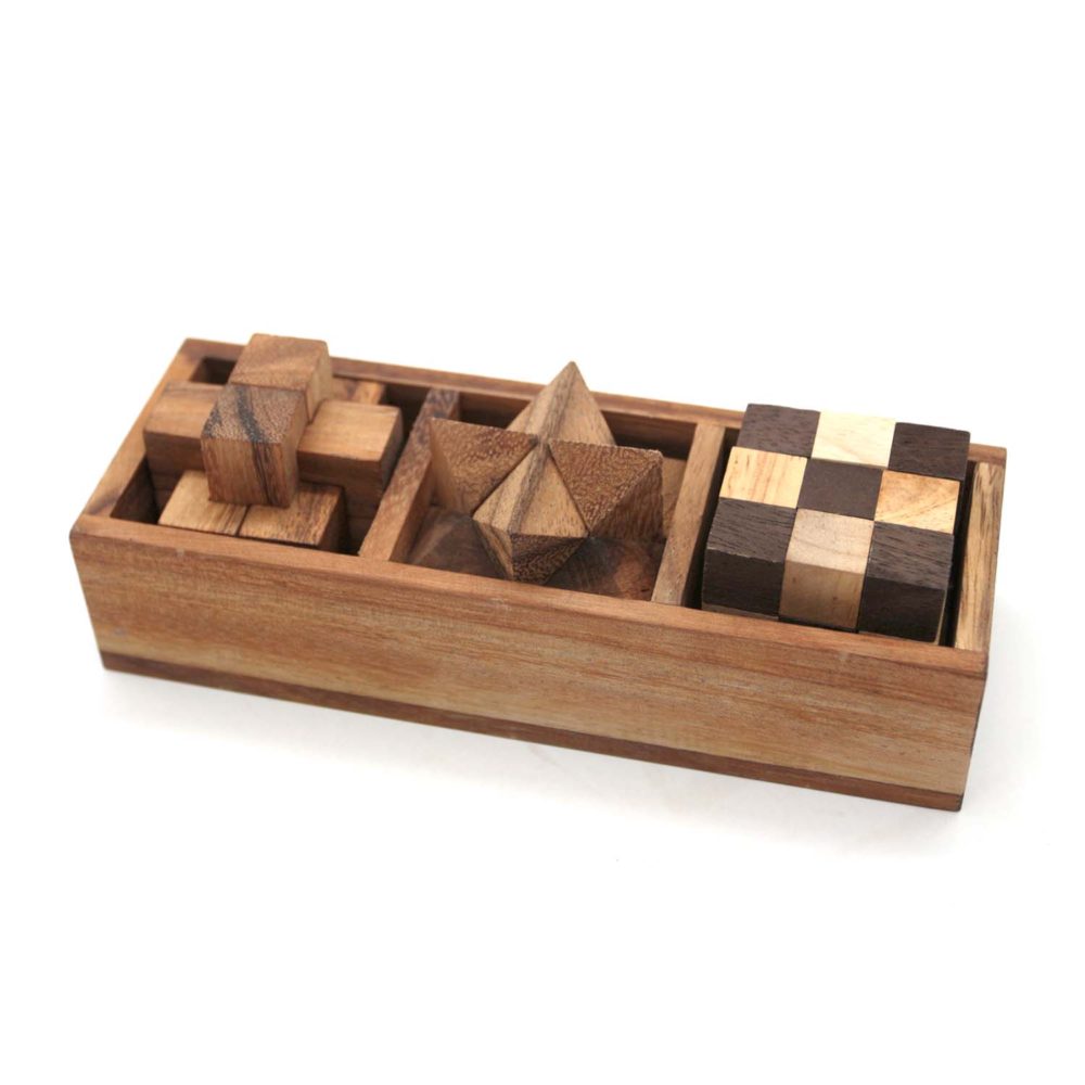 3 Game in Box with Wooden Cover for Brain Teasers Educational Games