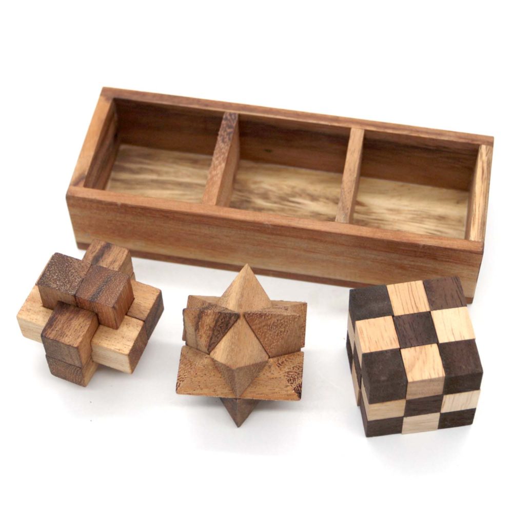 3 Game in Box with Wooden Cover for Brain Teasers Educational Games