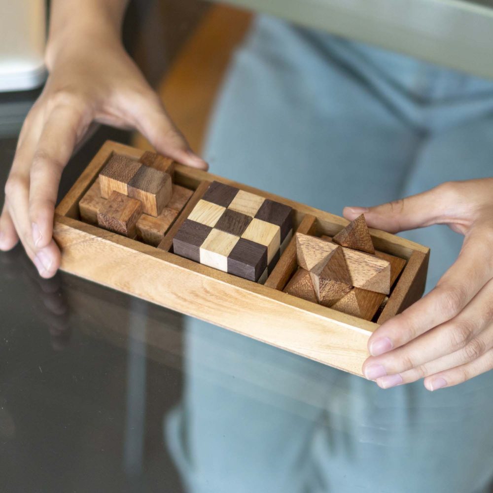 3 Game in Box with Wooden Cover for Brain Teasers Educational Games