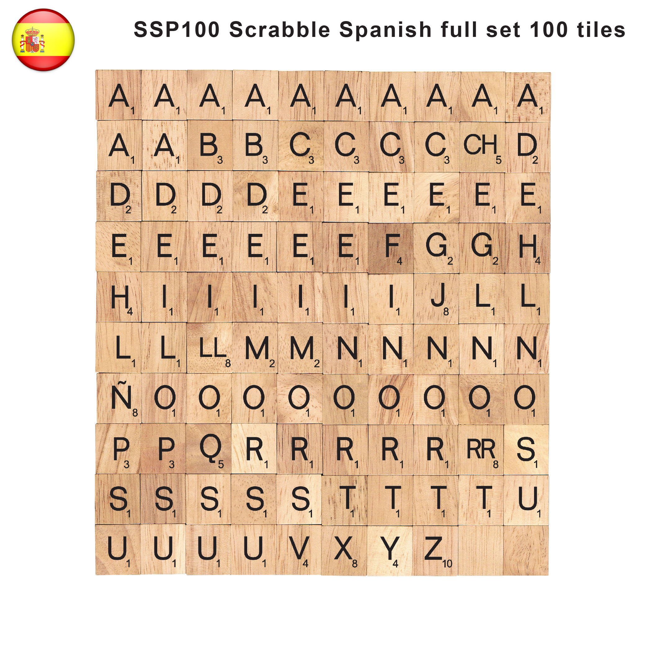 Spanish language Wooden Letters Tiles Complete Set 100 pcs