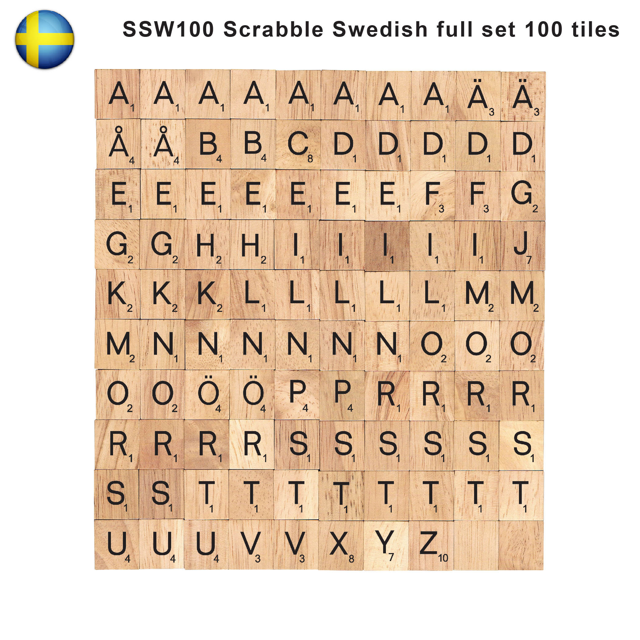 Swedish Language Wooden Letters Tiles Complete Set 100 Pcs Bsiri Games